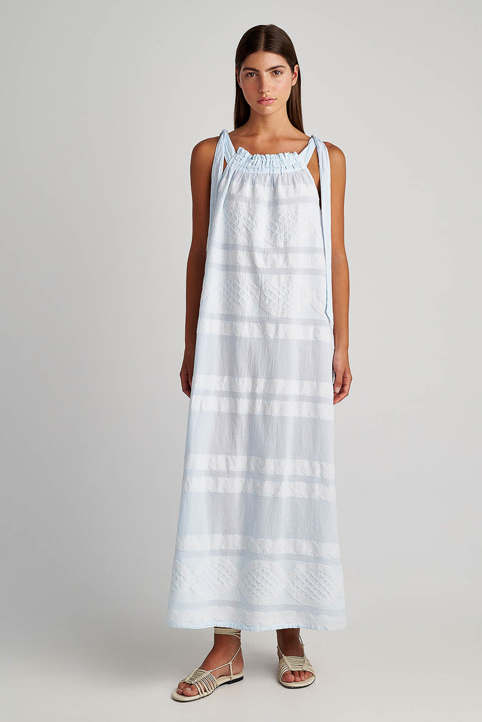 Vestido Maxi Blanco c Azul con tirantes