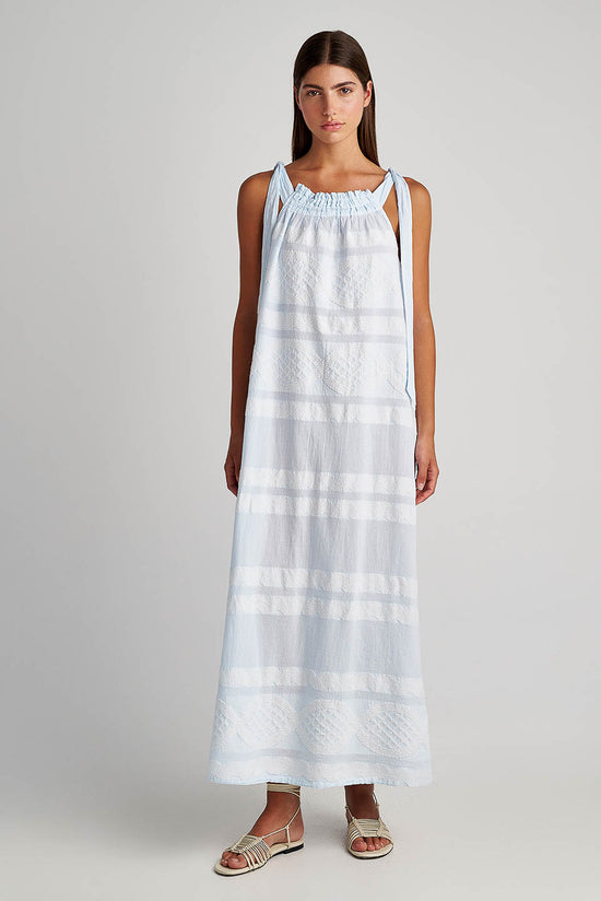 Vestido Maxi Blanco c Azul con tirantes